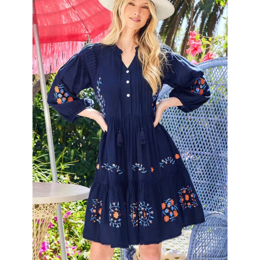 NWT Karen Kane S Blouson Sleeve Embroidered Lace Trim Tiered Dress Navy Blue